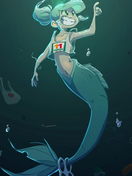被海洋垃圾污染后的小美人鱼
